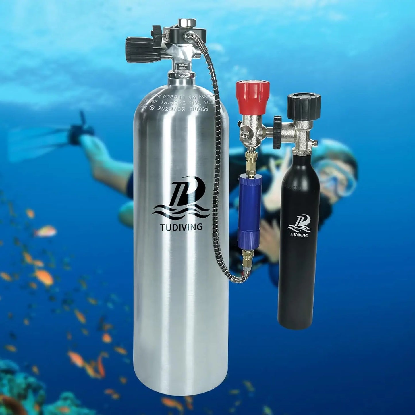 TUDIVING-11L Scuba Diving Aluminium Cylinder,Scuba Diving Tank with DIN+YOKE Interface Valve,Deep Diving High-Pressure Bottle