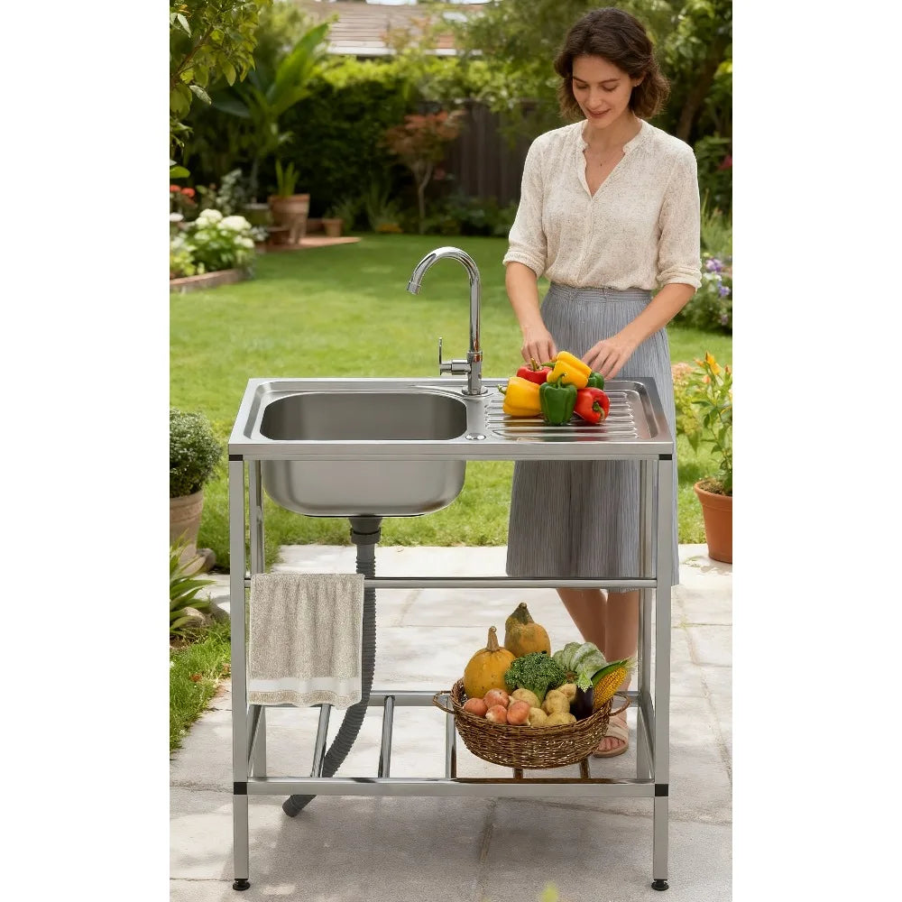 Utility Sink Set Freestanding Single Bowl Laundry Sink Commercial Restaurant Kitchen Outdoor Sink with Workbench Faucet Storage