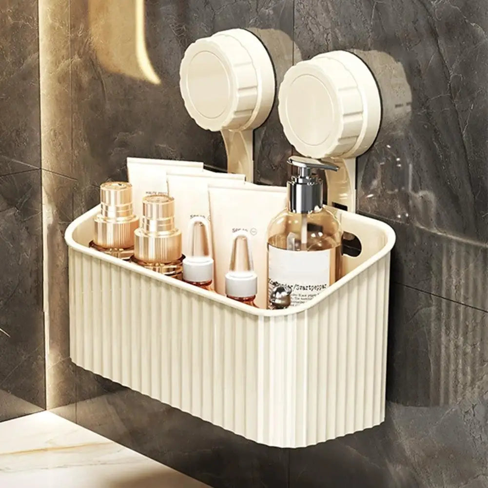 No Drill Suction Cup Shower Shelf - Transparent Bathroom Organizer Basket, Quick-Install Storage for Cosmetics & Toiletries