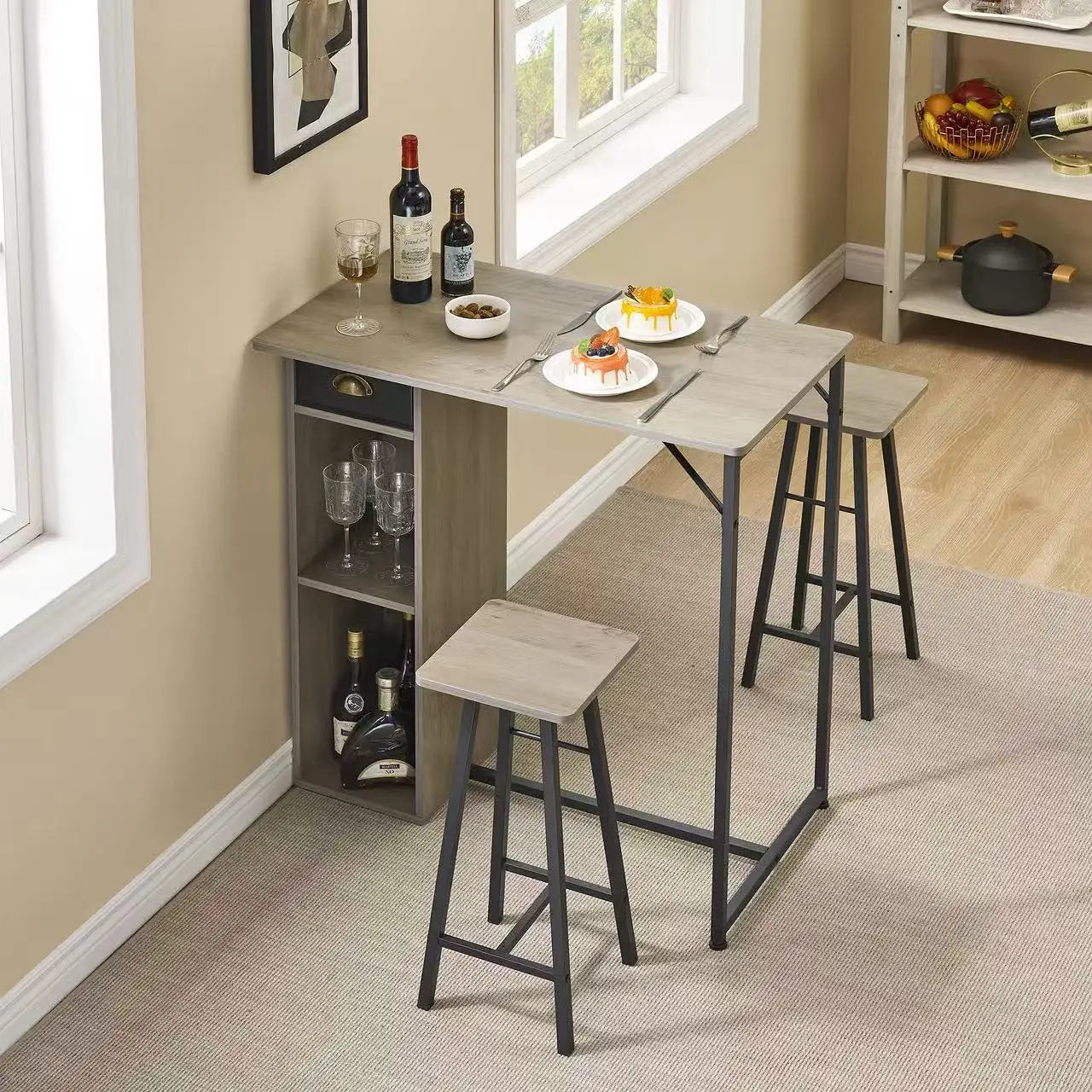 Versatile 3 Piece Dining Table Set with Storage Drawer & 3-Tier Shelf,Counter Height Table and 2 Barstools,Space-Saving