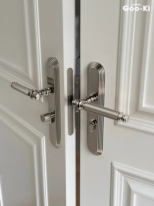 Goo-Ki European Bright Silver Brass Door Lock Set with Panel Interior Bedroom Anti-theft Dummy Door Handle Room Safety Door Lock
