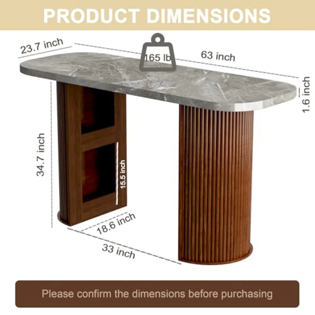 Fluted Counter Height Bar Table, 64in Home Bar Unit, High Top Table 2-6 Person Counter with Storage Marble Finish Tall