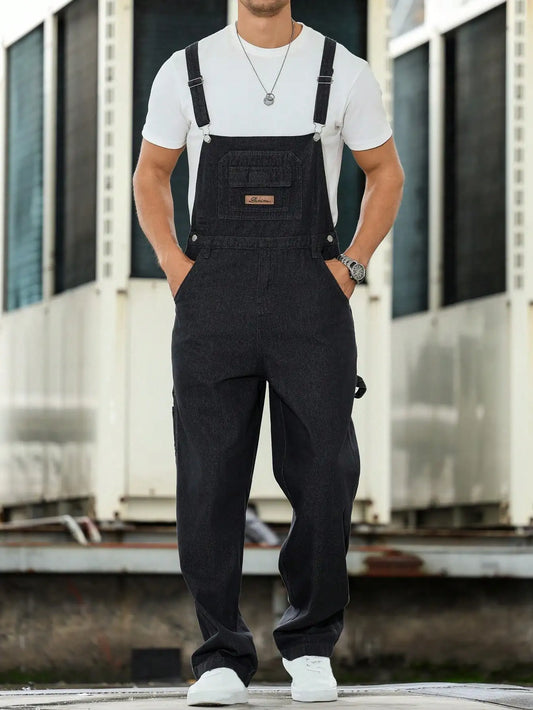 Trendy Men's Dark Gray Denim Overalls, with a Simple Workwear Design, Stylish Street Style, Suitable for All Seasonsjumpsuits