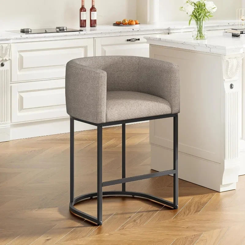 26" H Counter Height Bar Stools Modern Barrel Counter Stools with Backrest and Arms, Linen Fabric Upholstered Accent Barstools