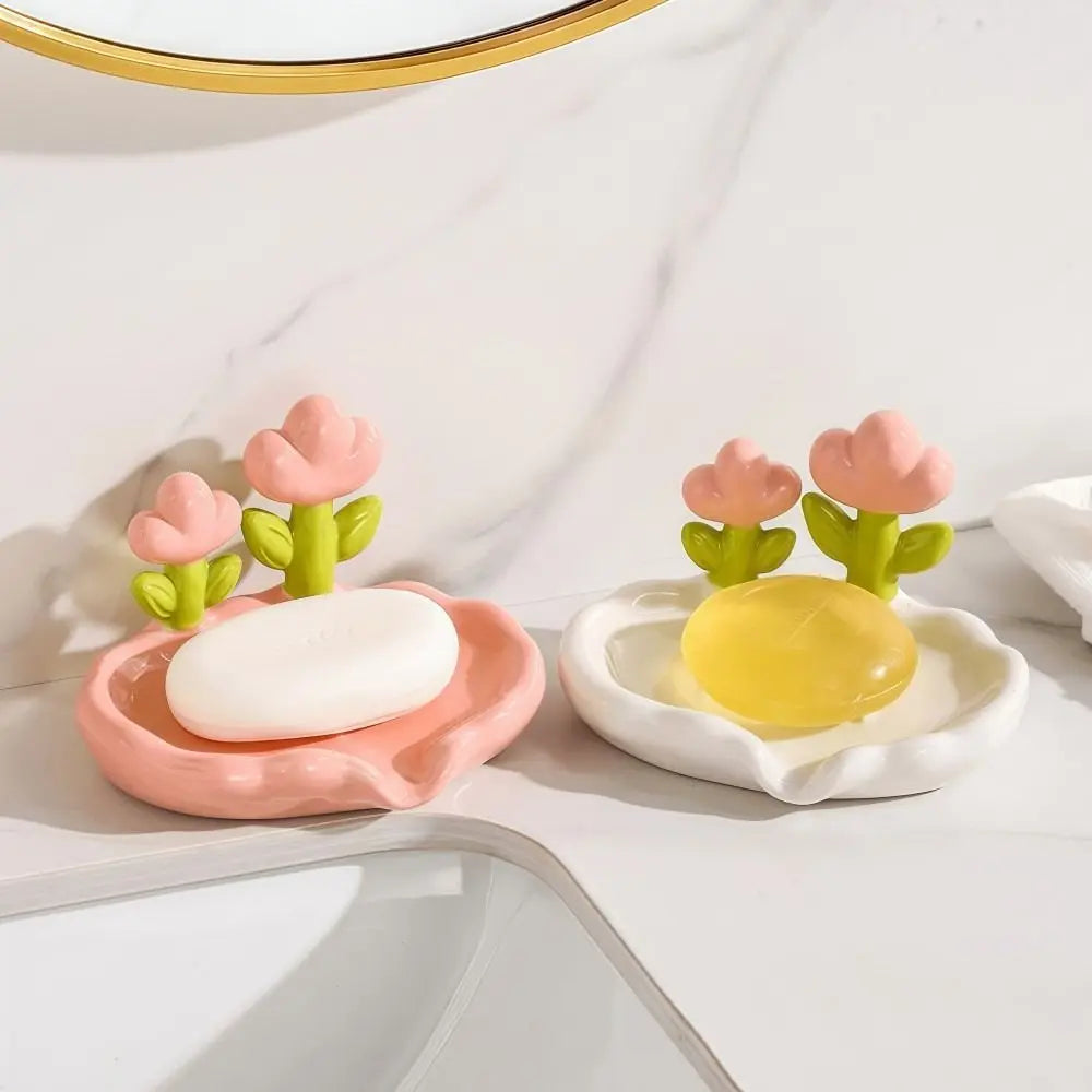 Tulip Design Drain Soap Dish No Drilling Required with Drainage Trough Soap Tray Solid Color Anti-slip Soap Storage Rack
