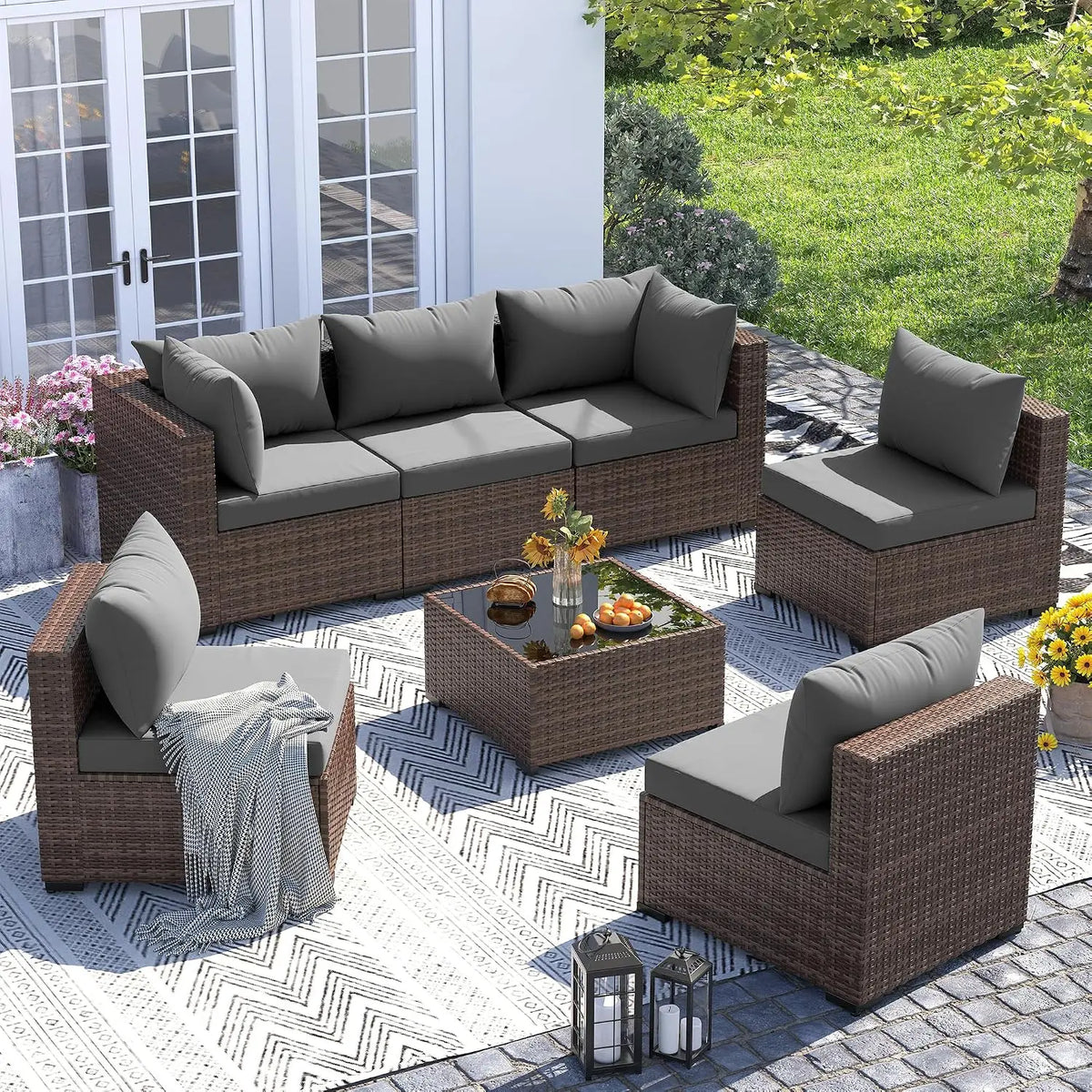 7-Piece Wicker Patio Furniture Set Non-Slip Cushion Outdoor Garden Balcony, Customized