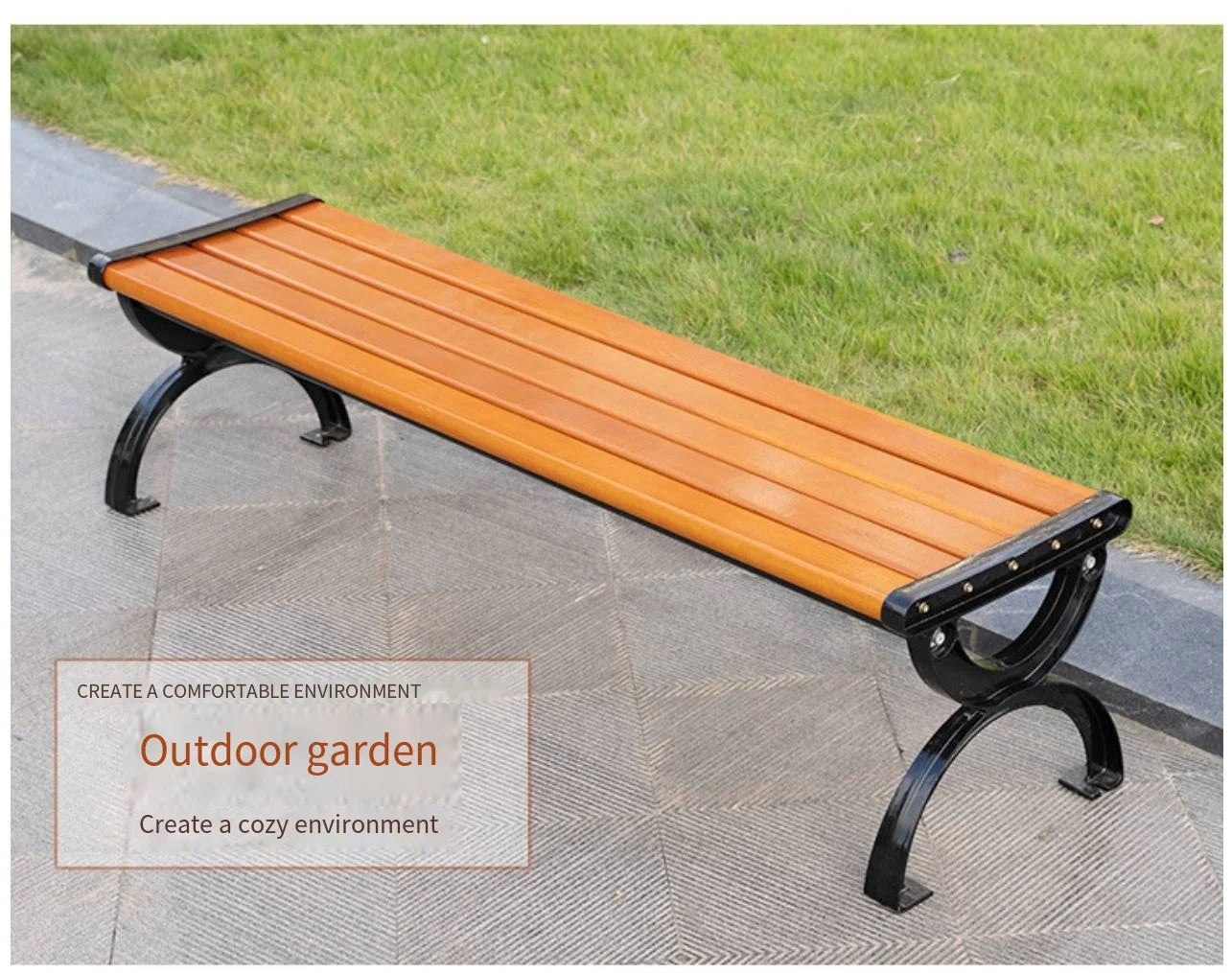 Classic Outdoor Wooden Bench with Durable Cast Iron Frame Weatherproof Garden Park Public Seating for Patio Lawn Landscape Decor