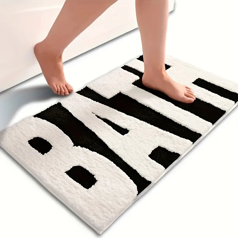 "BATH" Design Non-Slip Bath Mat, Ultra Absorbent Polyester Bathroom Rug, Black and White Textured Entryway Carpet for Bathroom