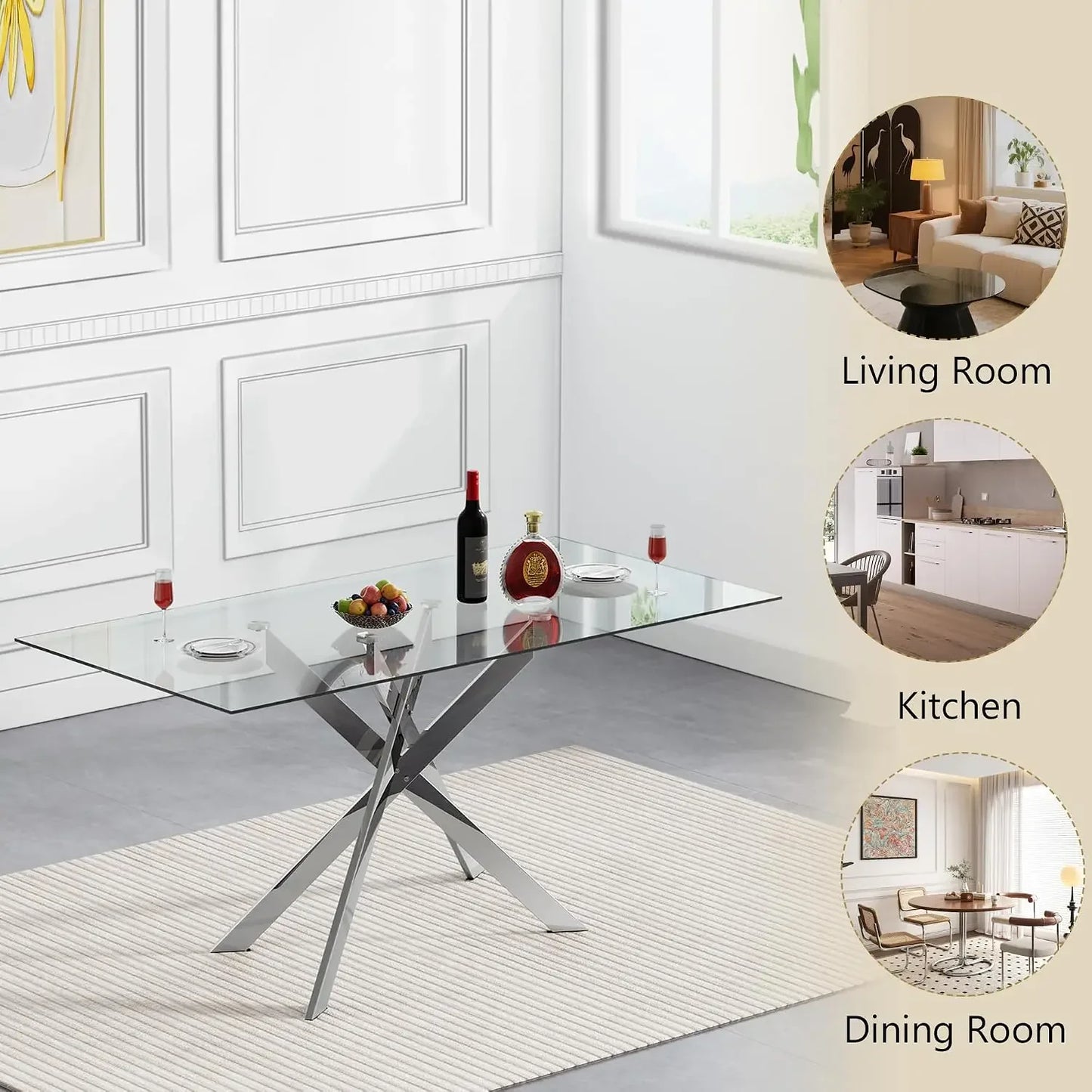 52'' 5 Piece Rectangular Glass Dining Table Set for 4 | Tempered Glass Dinner Table Set for 4 Kitchen Table Set with 4 Velvet Up