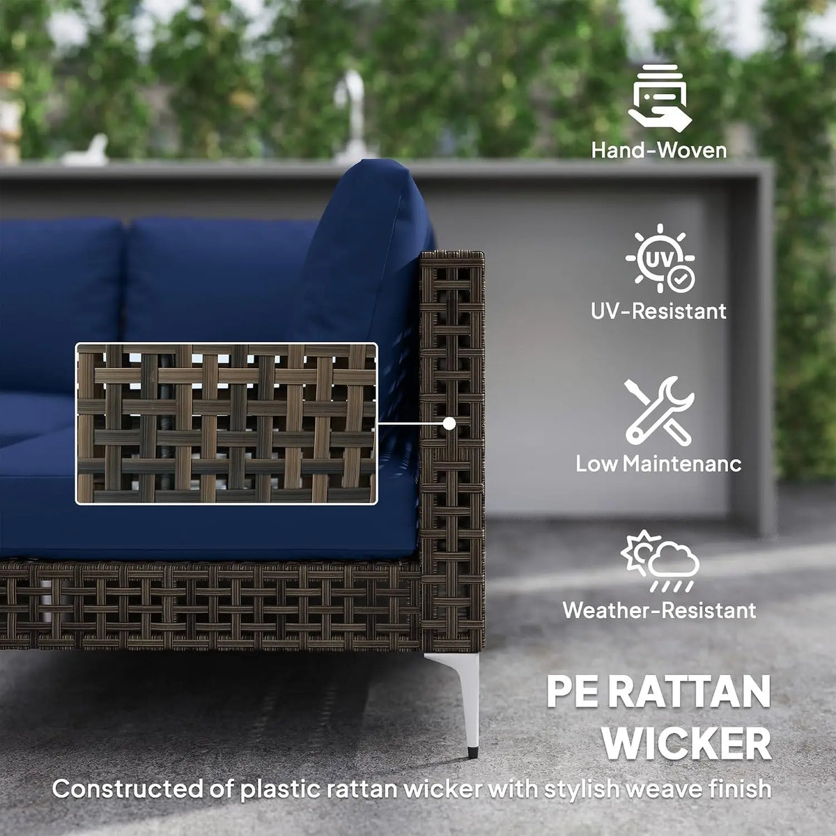 7 Piece Wicker Patio Furniture Set Modular Rattan Brown/Dark Blue | Outdoor Sectional, Thickened Cushions, Outdoor, Custom