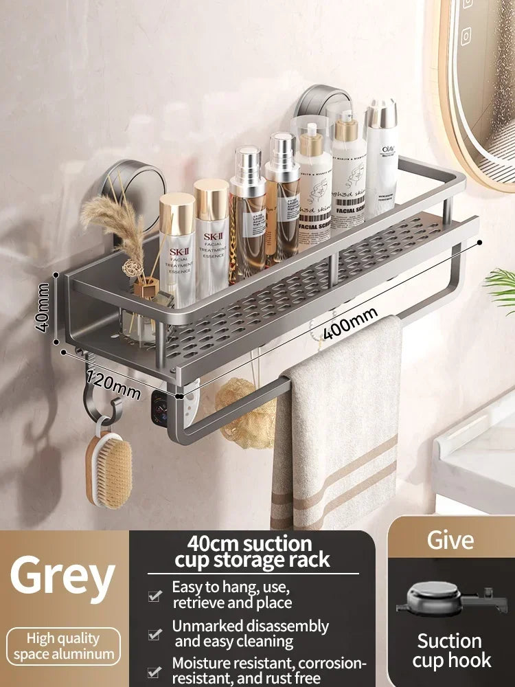 No Drill Bathroom Shelf with Suction Cup Waterproof Aluminum Storage Rack Shower Organizer for Shampoo Soap Toiletries