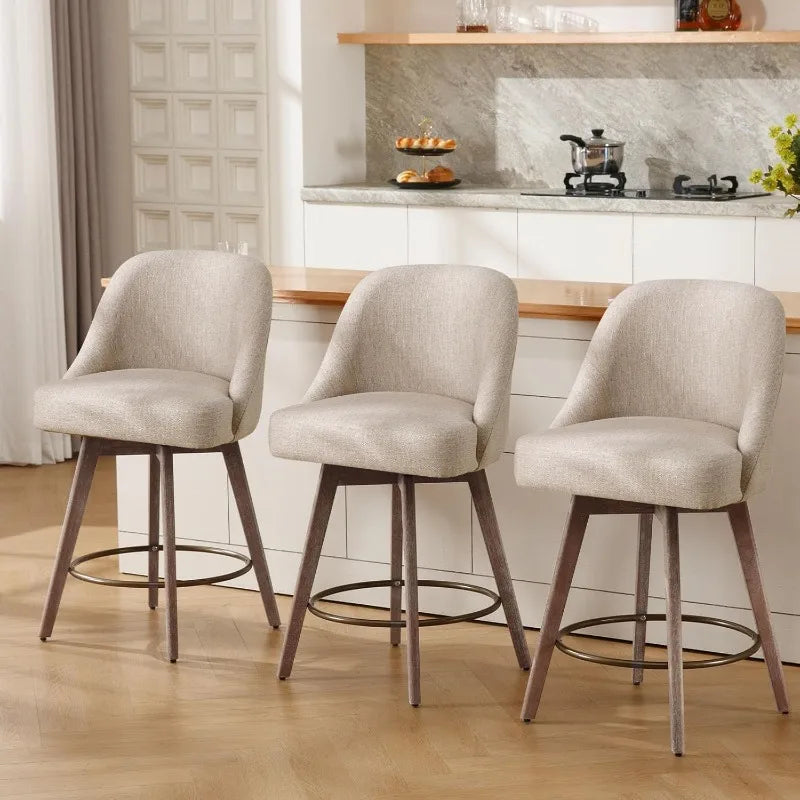 Bekrvio Counter Height Bar Stools Set of 3, Modern Mid-Century Swivel Barstools with Backs and Wood Legs, Linen Fabric
