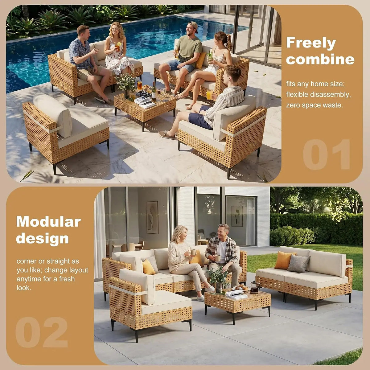 7-Piece Patio Furniture Set With Non-Slip Cushions & Coffee Table For Outdoor Garden, Customized