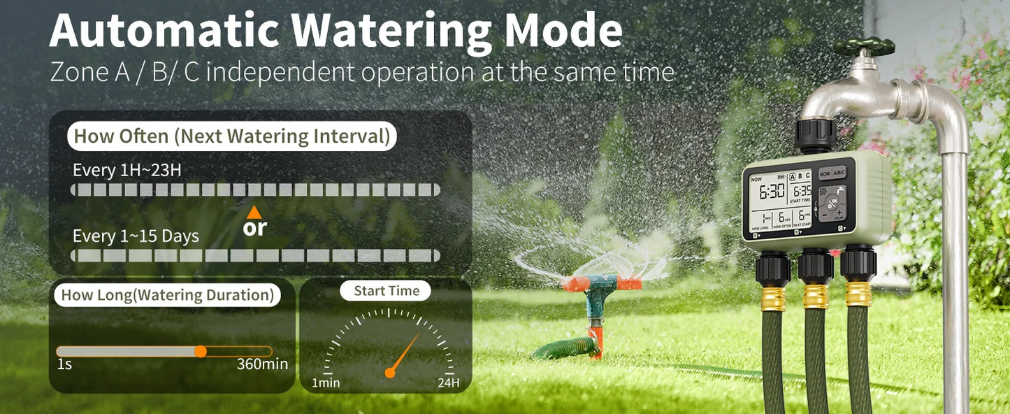Diivoo Garden Water Timer 3 Zone Programmable Automatic Irrigation Timer with Rain Delay Manual/Auto Mode Watering for Lawn Yard