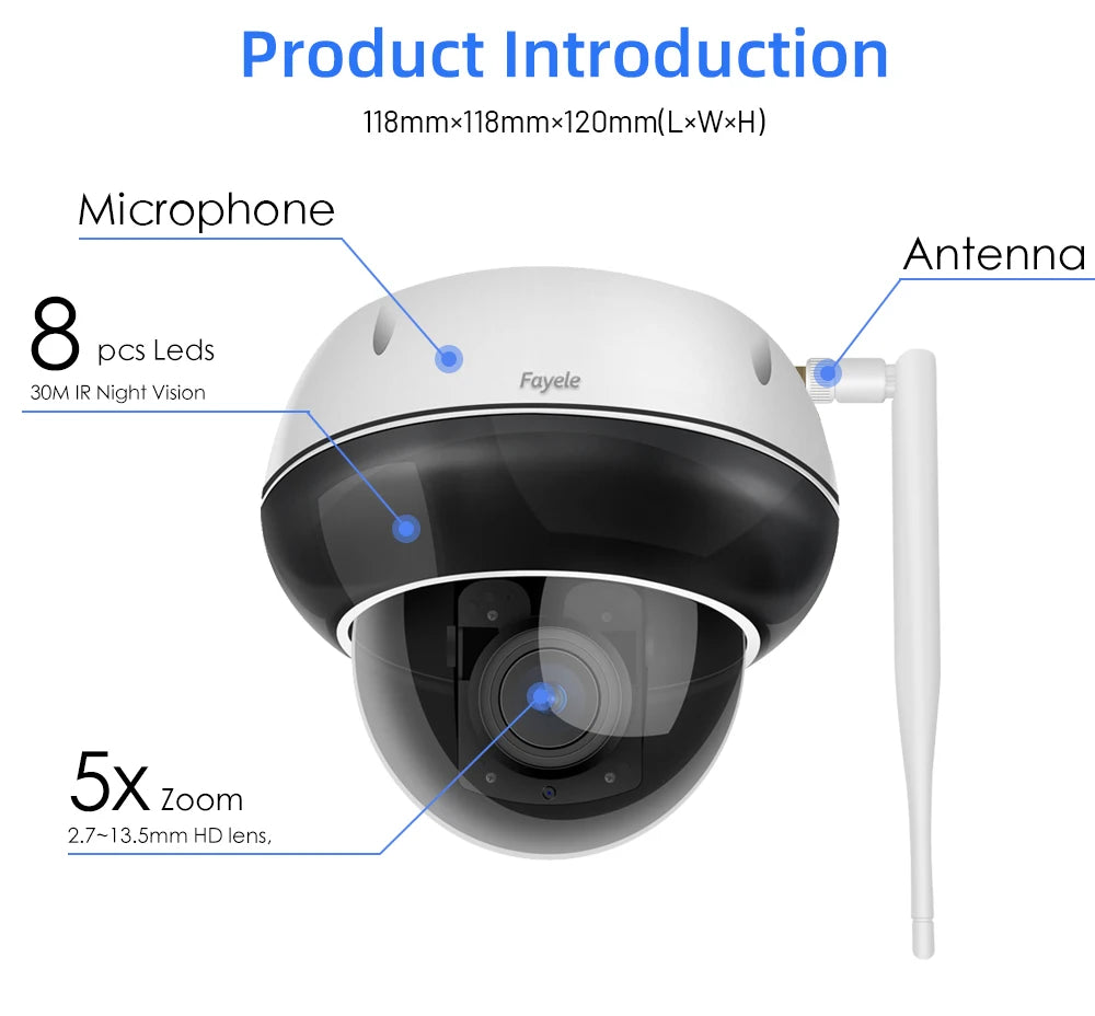 Security Dome 2.4/5 GHz WiFi PTZ Camera Outdoor 5MP Wireless IP Camera 5X Zoom Indoor Auto Tracking Infrared Night Vision 2-Way
