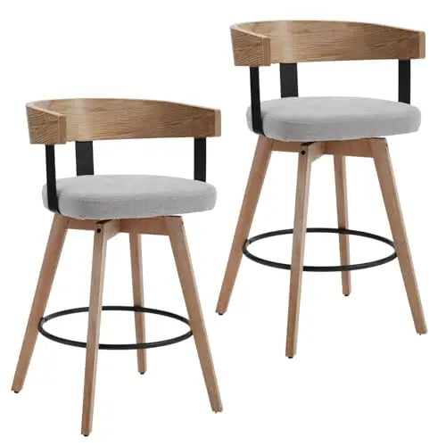 Swivel Bar Stools Set of 2, 26" Counter Height Bar Stool with Footrest Modern Wood Barstools with Linen Upholstered