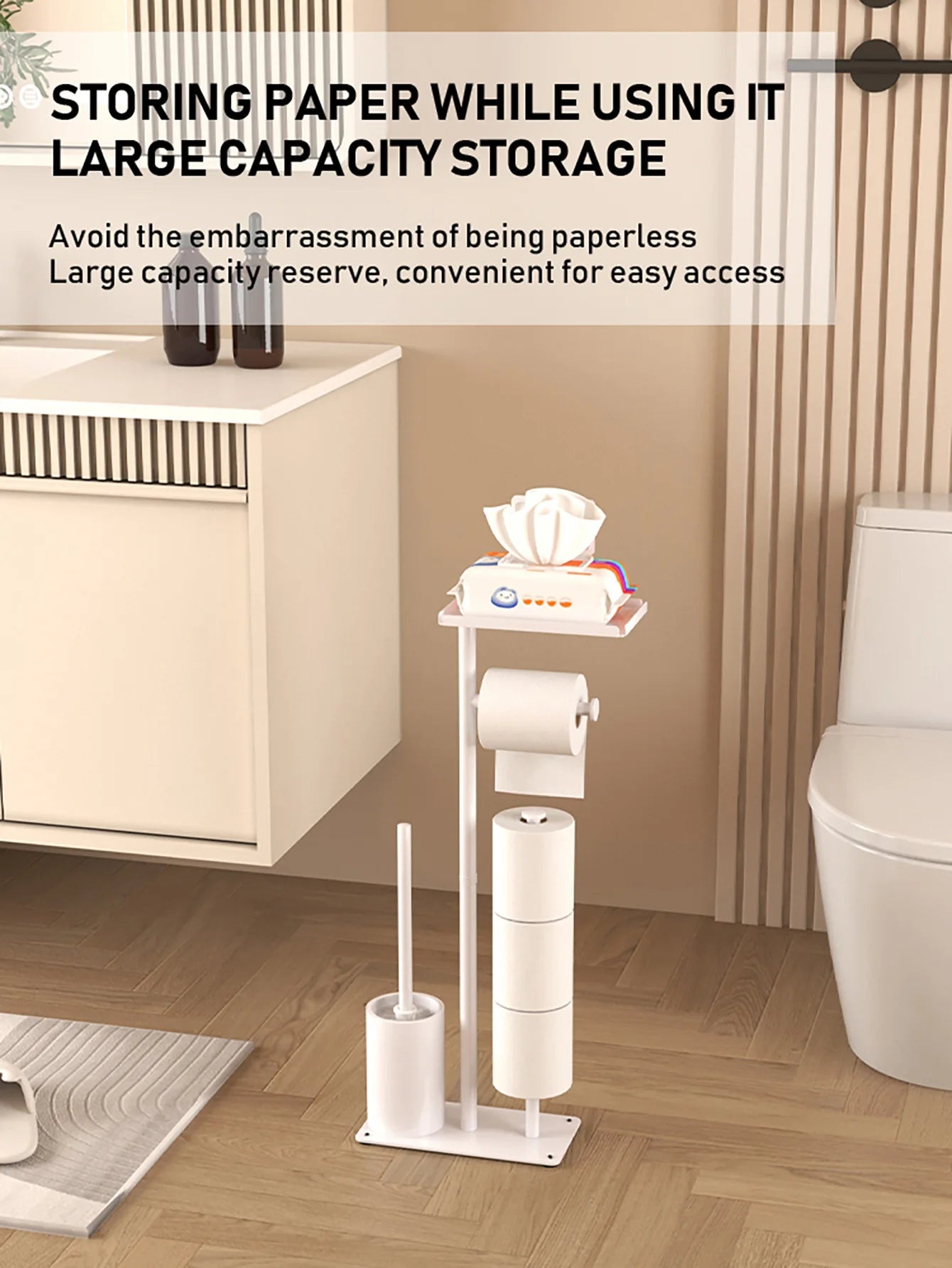 Floor-standing Tissue Holder Vertical Movable Toilet Paper Storage Rack Nail-Free Toilet Brush Holder Roll Paper Holder Bathroom