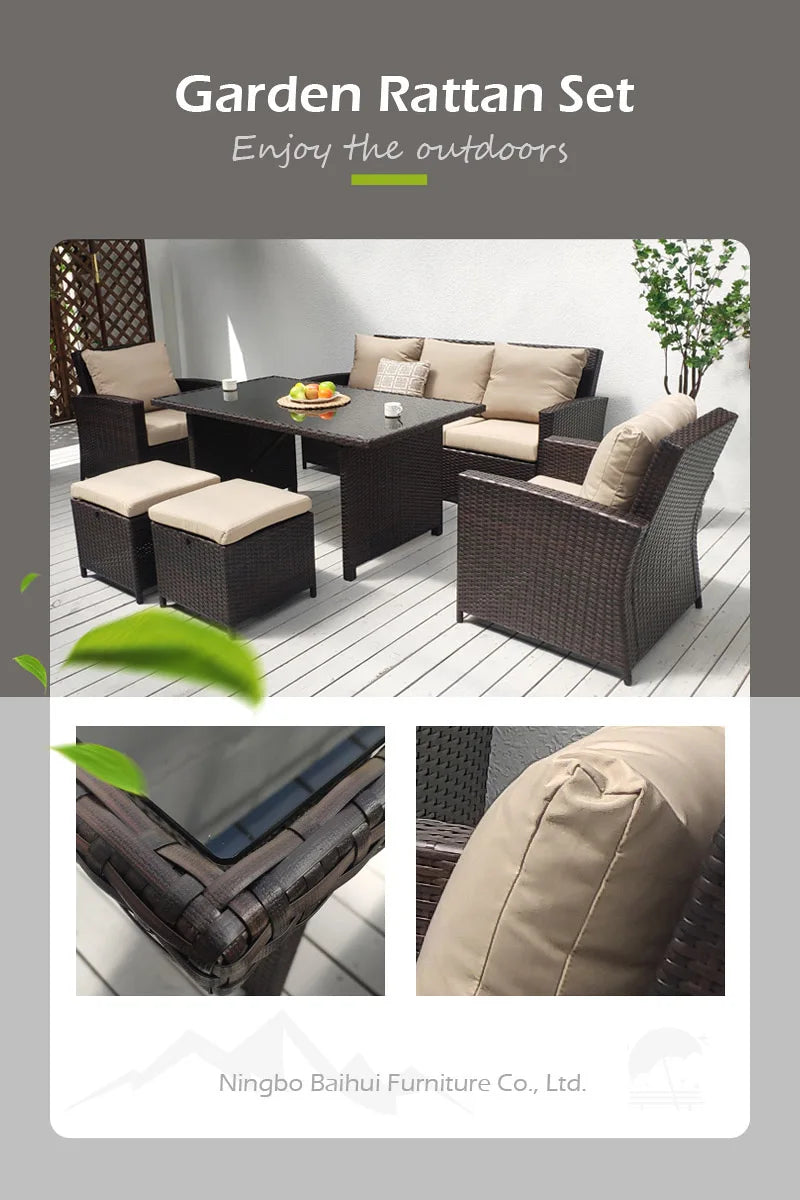 BHR High Back Comfortable Garden Sofa All Weather Garden Furniture Outdoor Rattan Dining Furniture Set Rattan Sofa for Backyard