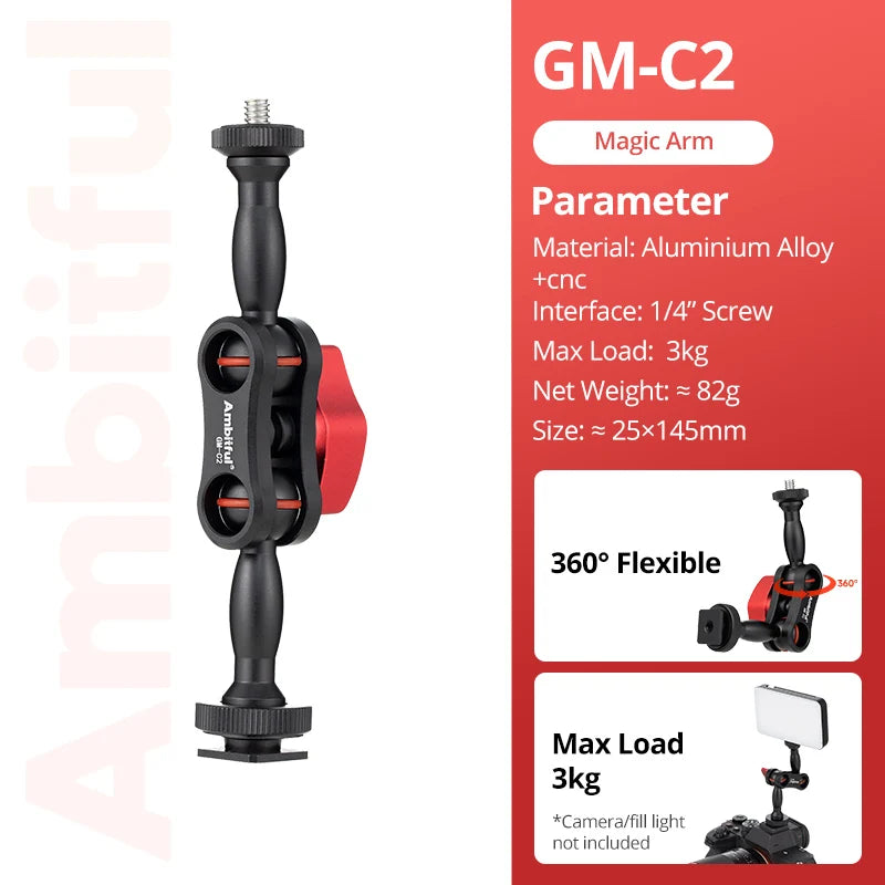 AMBITFUL 360° Double Ballhead Magic Arm With Super Clamp Kit 1/4" Screw Ball Head Adapter For Monitor LED Light Camera
