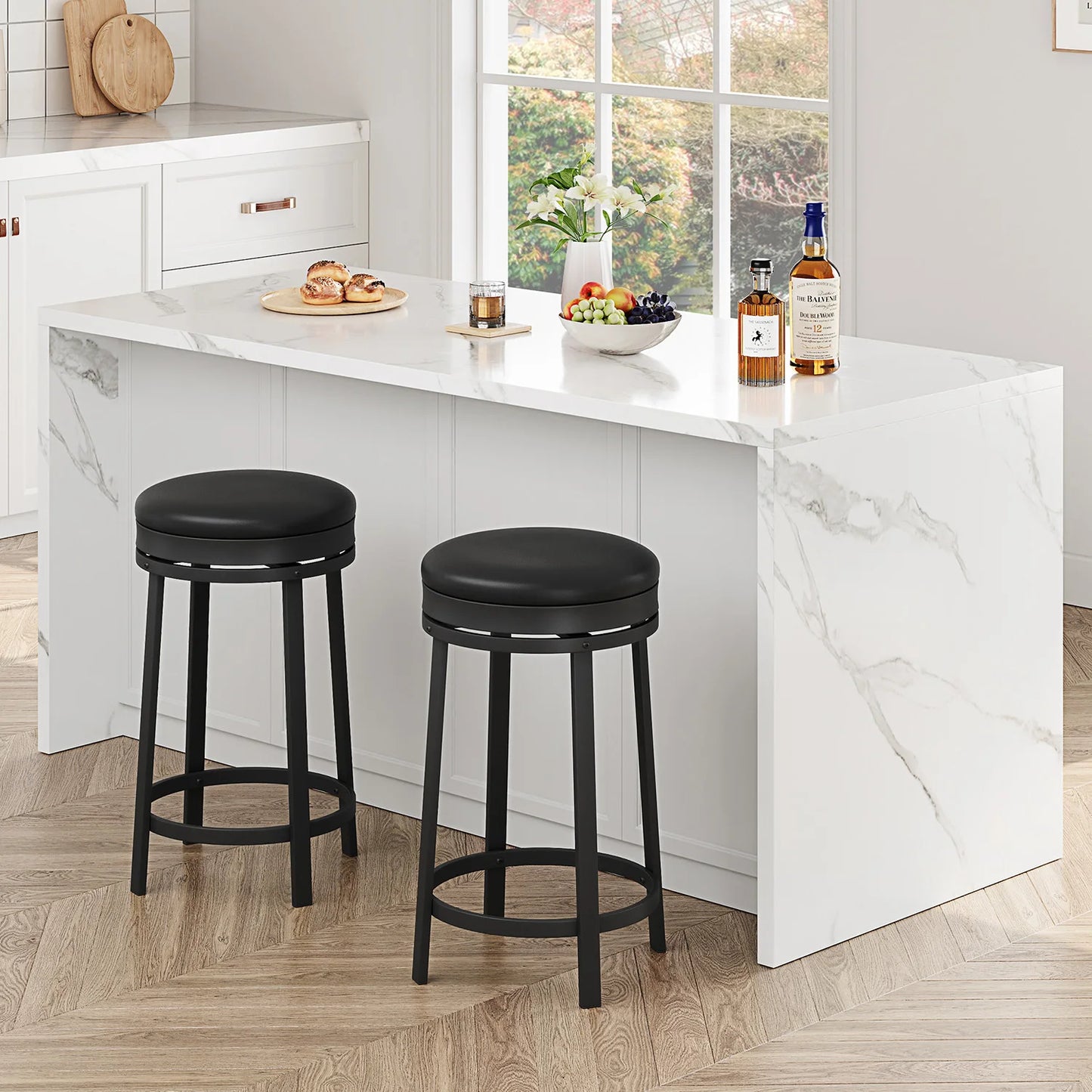 24'' Swivel Bar Stools Backless Modern Counter Height Barstools with PU Leather Upholstered and Metal Frame for Kitchen Island