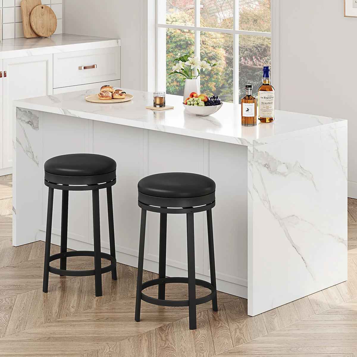 24'' Swivel Bar Stools Backless Modern Counter Height Barstools with PU Leather Upholstered and Metal Frame for Kitchen Island