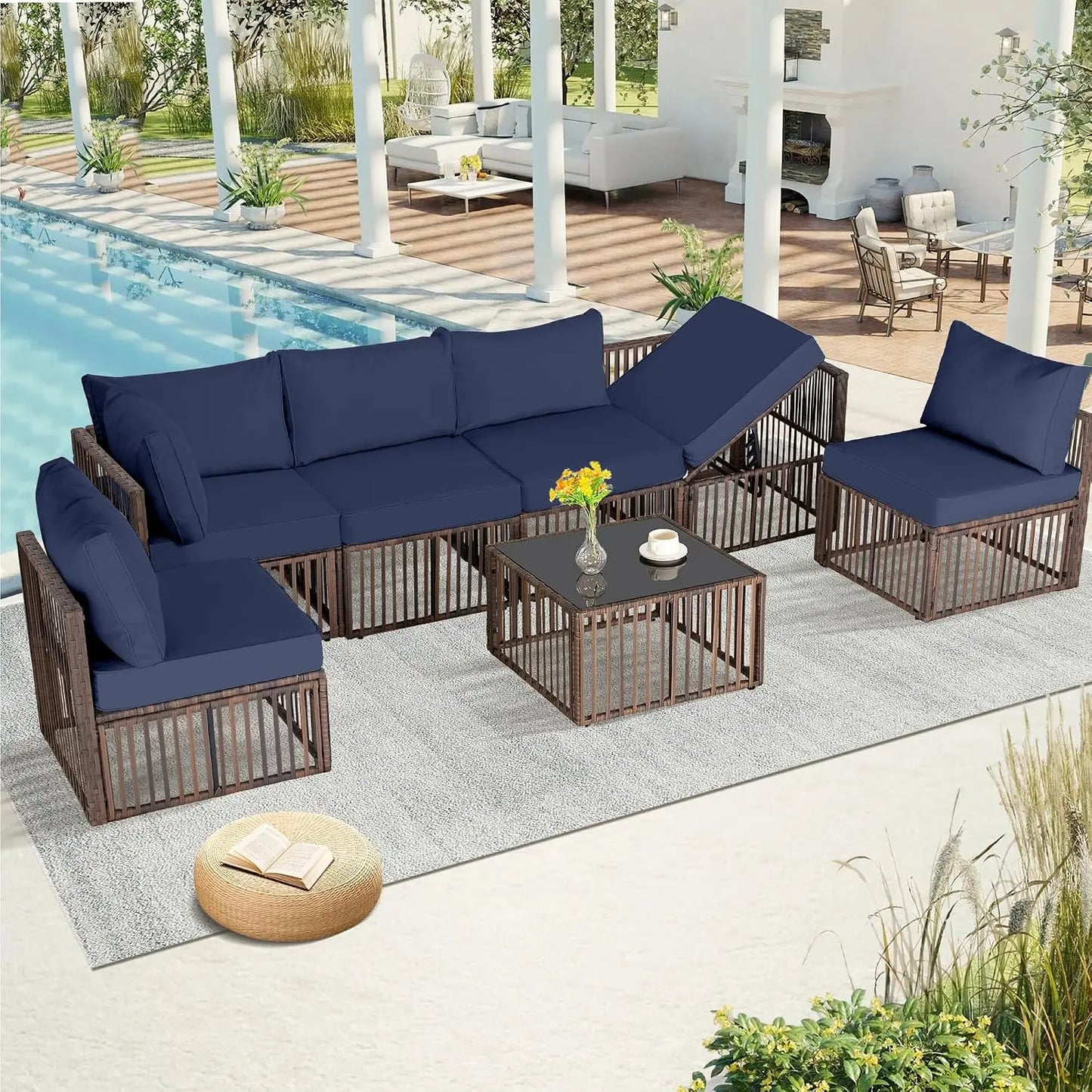 7-Piece Outdoor Wicker Sectional Sofa Set, Patio Garden Furniture, PE Rattan, Customized