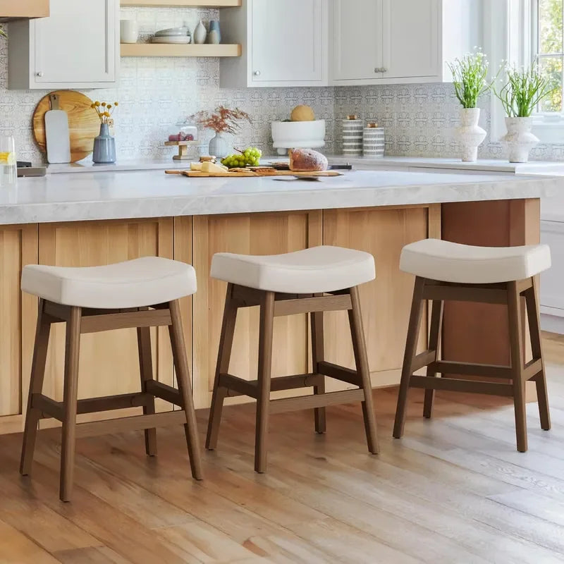 Bar Stools Set of 3 Barstools with Sturdy Wood Legs Saddle Seat Counter Height Bar Stools for Kitchen Counter Bar Dining 24