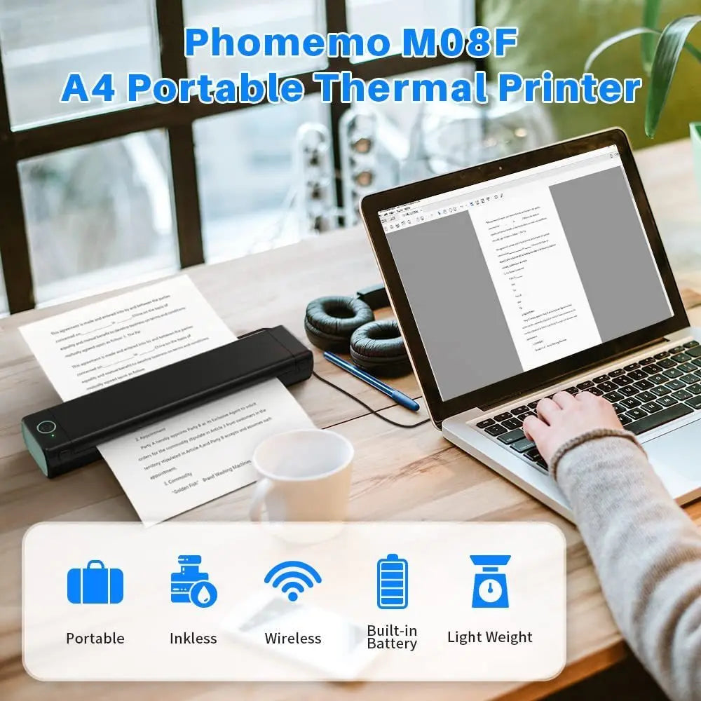Mini Phomemo M08F Portable Printer Bluetuth Thermal Printer Compatible with Android, iOS & Laptop Portable Wireless A4 Printers WardBoyzPROShop