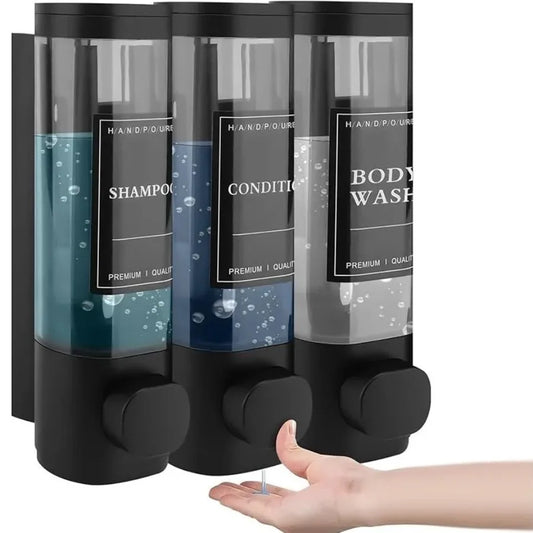 Wall Mounted 3 in 1 Soap Shower Gel Shampoo Conditioner Dispenser Set No Drill Required ABS Material for Bathroom Hotel Home