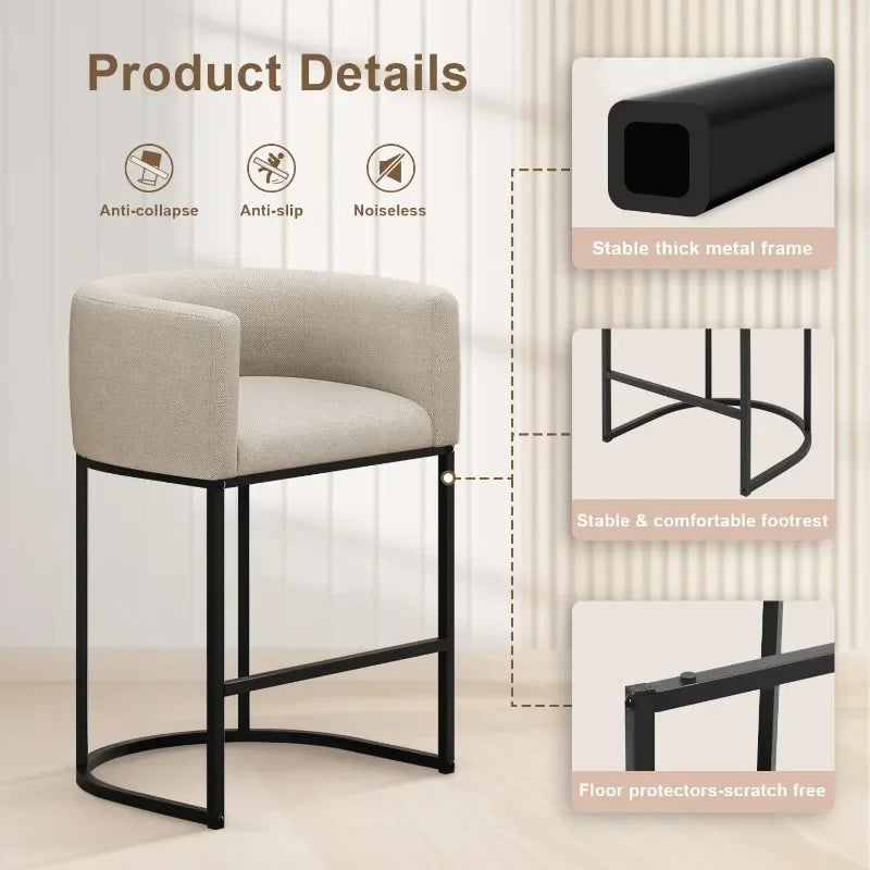26" H Counter Height Bar Stools Modern Barrel Counter Stools with Backrest and Arms, Linen Fabric Upholstered Accent Barstools