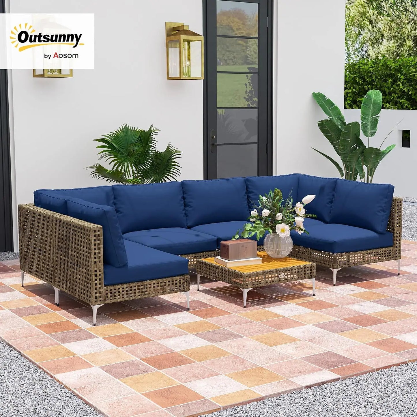 7 Piece Wicker Patio Furniture Set Modular Rattan Brown/Dark Blue | Outdoor Sectional, Thickened Cushions, Outdoor, Custom