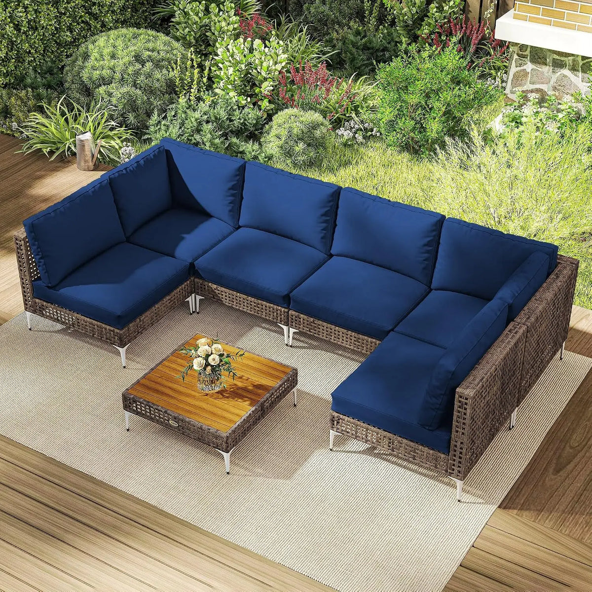 7 Piece Wicker Patio Furniture Set Modular Rattan Brown/Dark Blue | Outdoor Sectional, Thickened Cushions, Outdoor, Custom