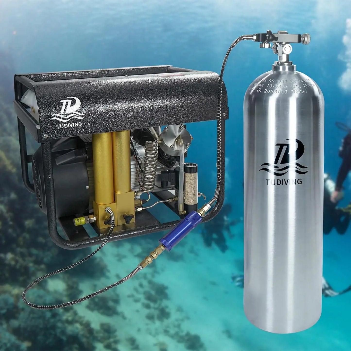 TUDIVING-11L Scuba Diving Aluminium Cylinder,Scuba Diving Tank with DIN+YOKE Interface Valve,Deep Diving High-Pressure Bottle