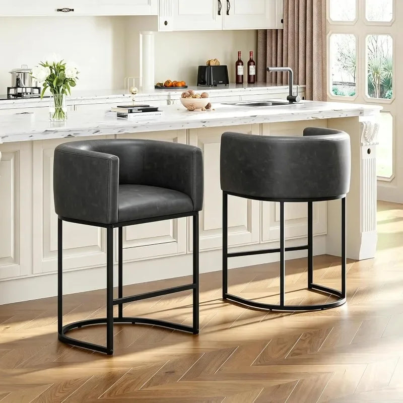 26" H Counter Height Bar Stools Modern Barrel Counter Stools with Backrest and Arms, Linen Fabric Upholstered Accent Barstools