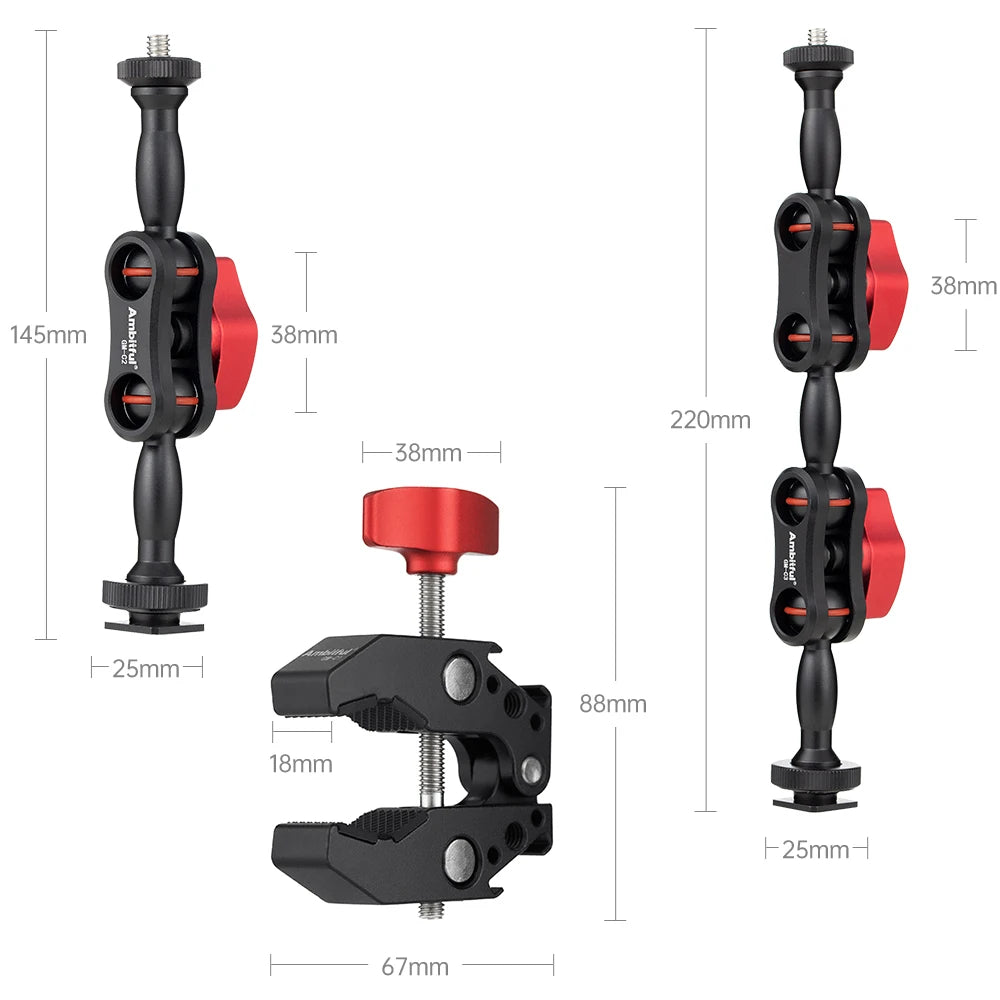 AMBITFUL 360° Double Ballhead Magic Arm With Super Clamp Kit 1/4" Screw Ball Head Adapter For Monitor LED Light Camera