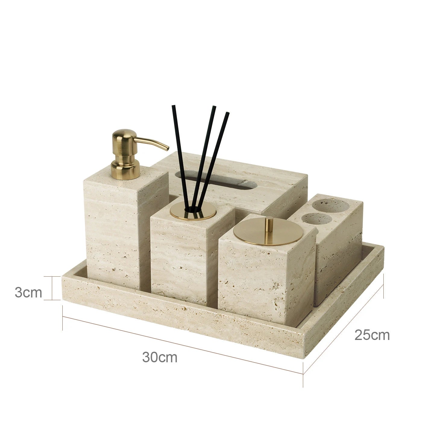 Travertine Bathroom Accessories Set Luxury Soap Dish Soap Dispenser Reed Diffuser Tissue Box Tray Bathroom Set