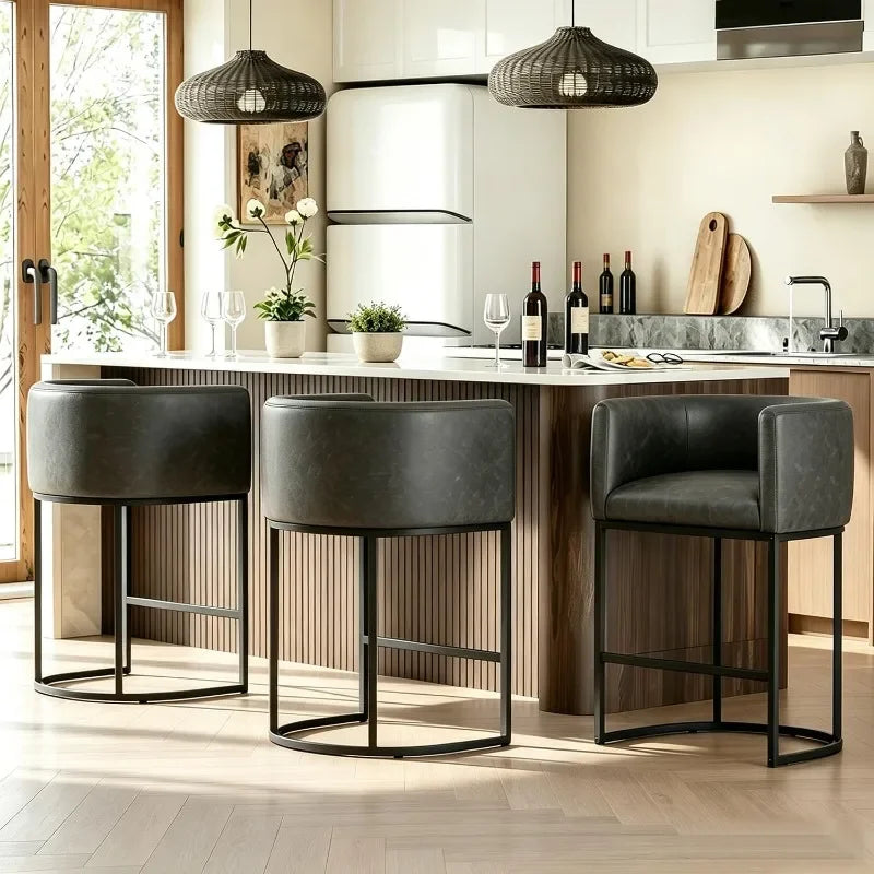 26" H Counter Height Bar Stools Modern Barrel Counter Stools with Backrest and Arms, Linen Fabric Upholstered Accent Barstools