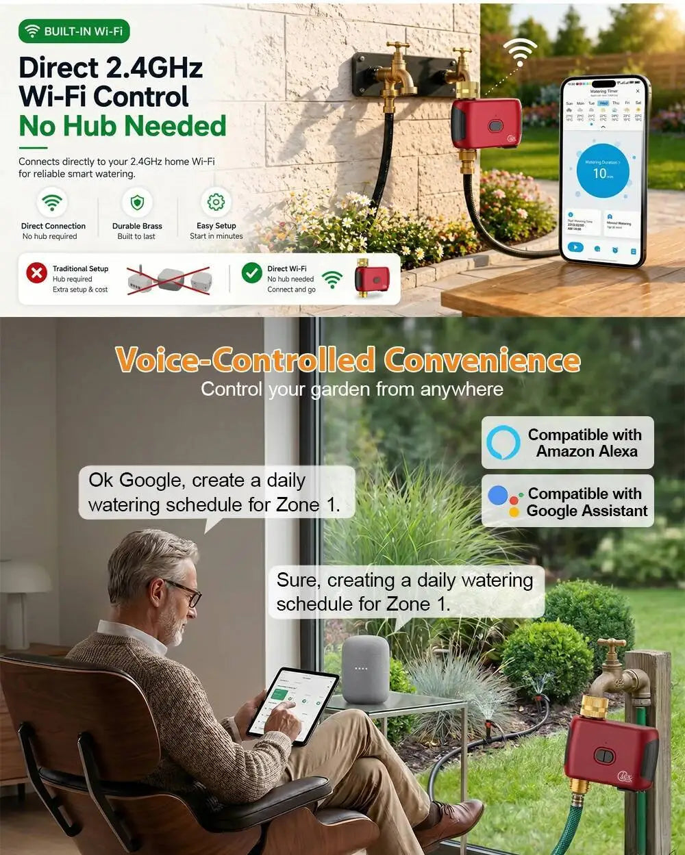 Smart WiFi Water Timer, Irrigation Controller, No Hub Required, Automatic Garden Drip Sprinkler Valve, Tuya App Control