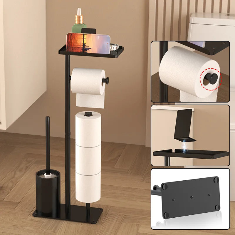 Floor-standing Tissue Holder Vertical Movable Toilet Paper Storage Rack Nail-Free Toilet Brush Holder Roll Paper Holder Bathroom