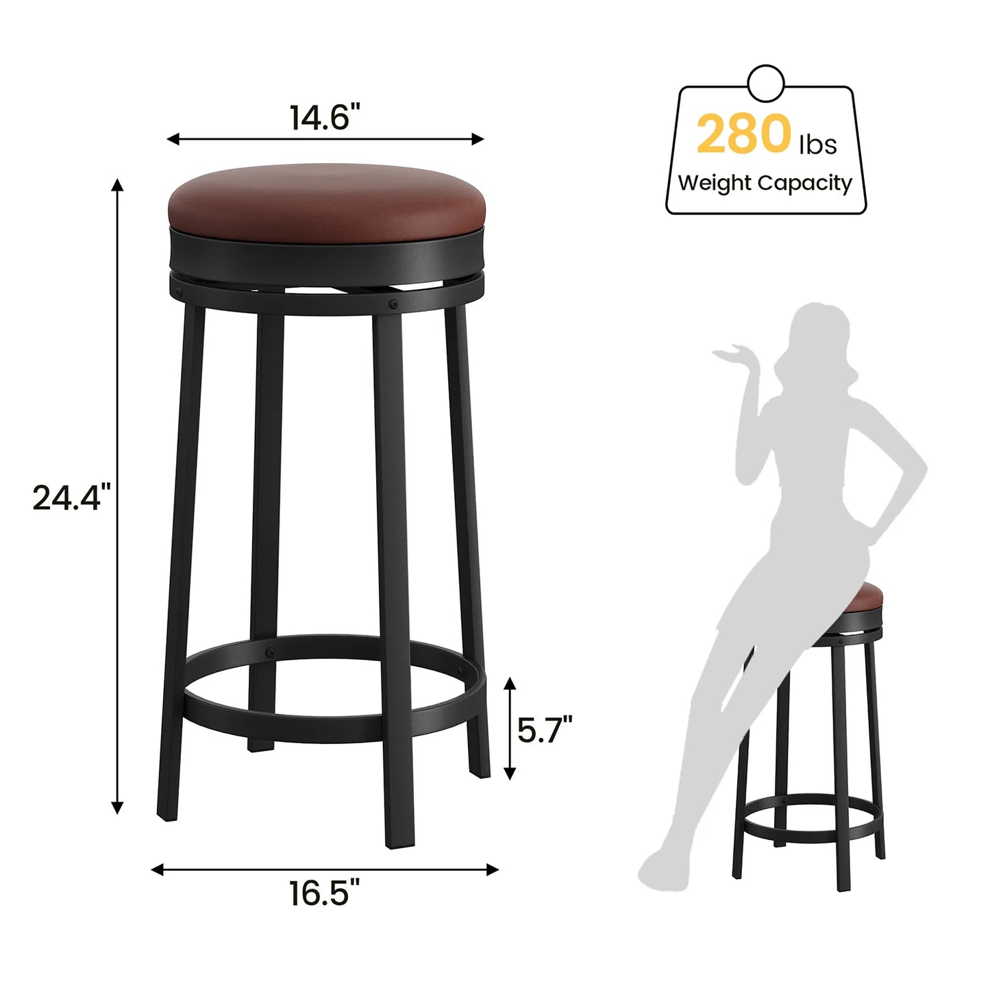 24'' Swivel Bar Stools Backless Modern Counter Height Barstools with PU Leather Upholstered and Metal Frame for Kitchen Island