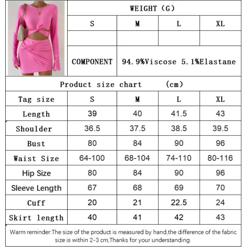 Spring and Summer New Women's Fashion Hollow Out Long Sleeve Crop Top & Elastic Waist Wrap Hip Skirt Set Female Sexy Skirts Sets