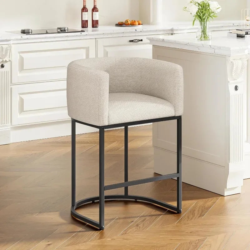 26" H Counter Height Bar Stools Modern Barrel Counter Stools with Backrest and Arms, Linen Fabric Upholstered Accent Barstools