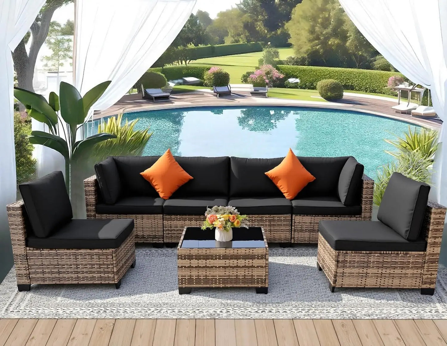 7-Piece Outdoor Wicker Sectional Sofa Set, Patio Garden Furniture, PE Rattan, Customized