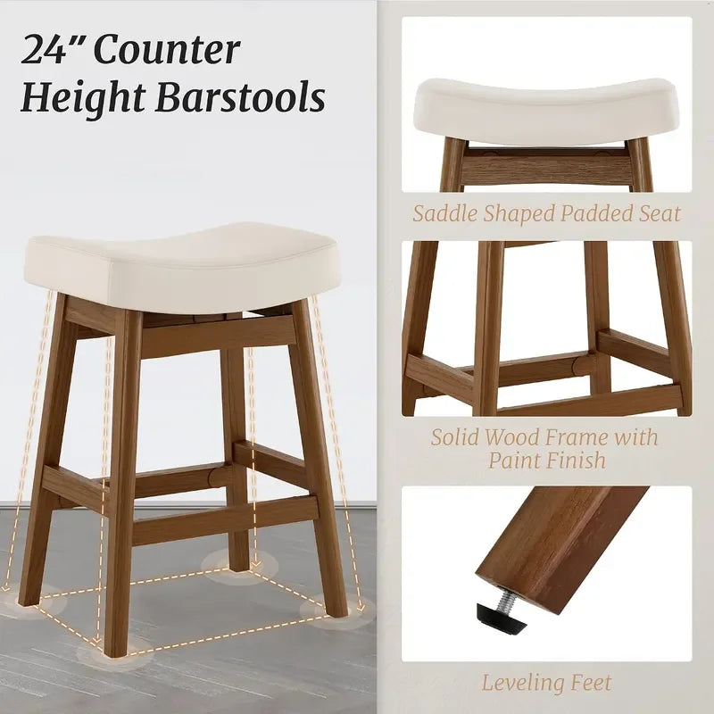 Bar Stools Set of 3 Barstools with Sturdy Wood Legs Saddle Seat Counter Height Bar Stools for Kitchen Counter Bar Dining 24