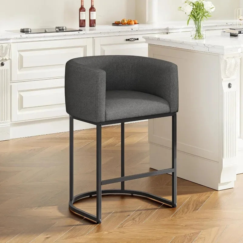 26" H Counter Height Bar Stools Modern Barrel Counter Stools with Backrest and Arms, Linen Fabric Upholstered Accent Barstools