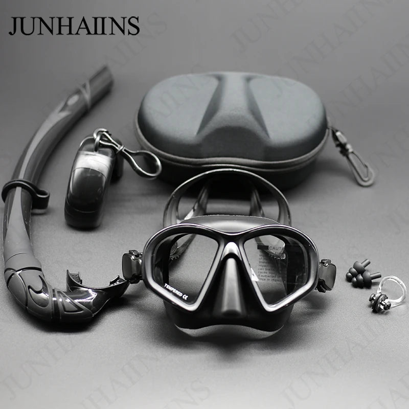 JUNHAIINS Tempered Glass Freediving Mask Snorkeling Set Foldable snorkel J-type Diving Mask with Camera Mount - WardBoyzPROShop