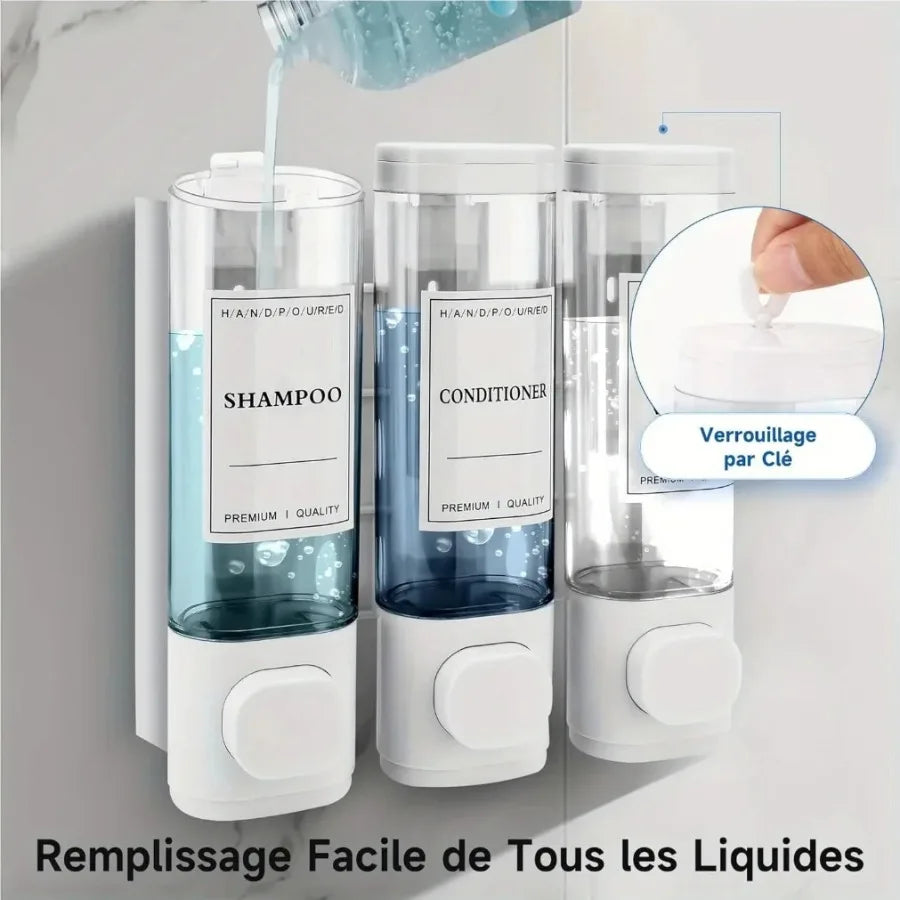 Wall Mounted 3 in 1 Soap Shower Gel Shampoo Conditioner Dispenser Set No Drill Required ABS Material for Bathroom Hotel Home