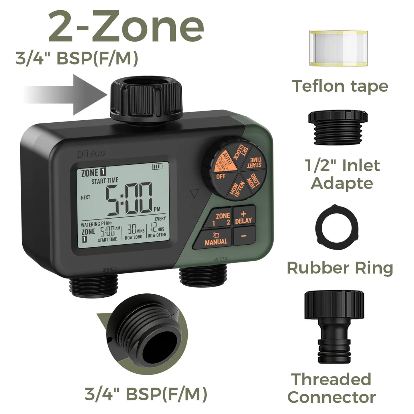 Diivoo Garden Water Timer 3 Zone Programmable Automatic Irrigation Timer with Rain Delay Manual/Auto Mode Watering for Lawn Yard