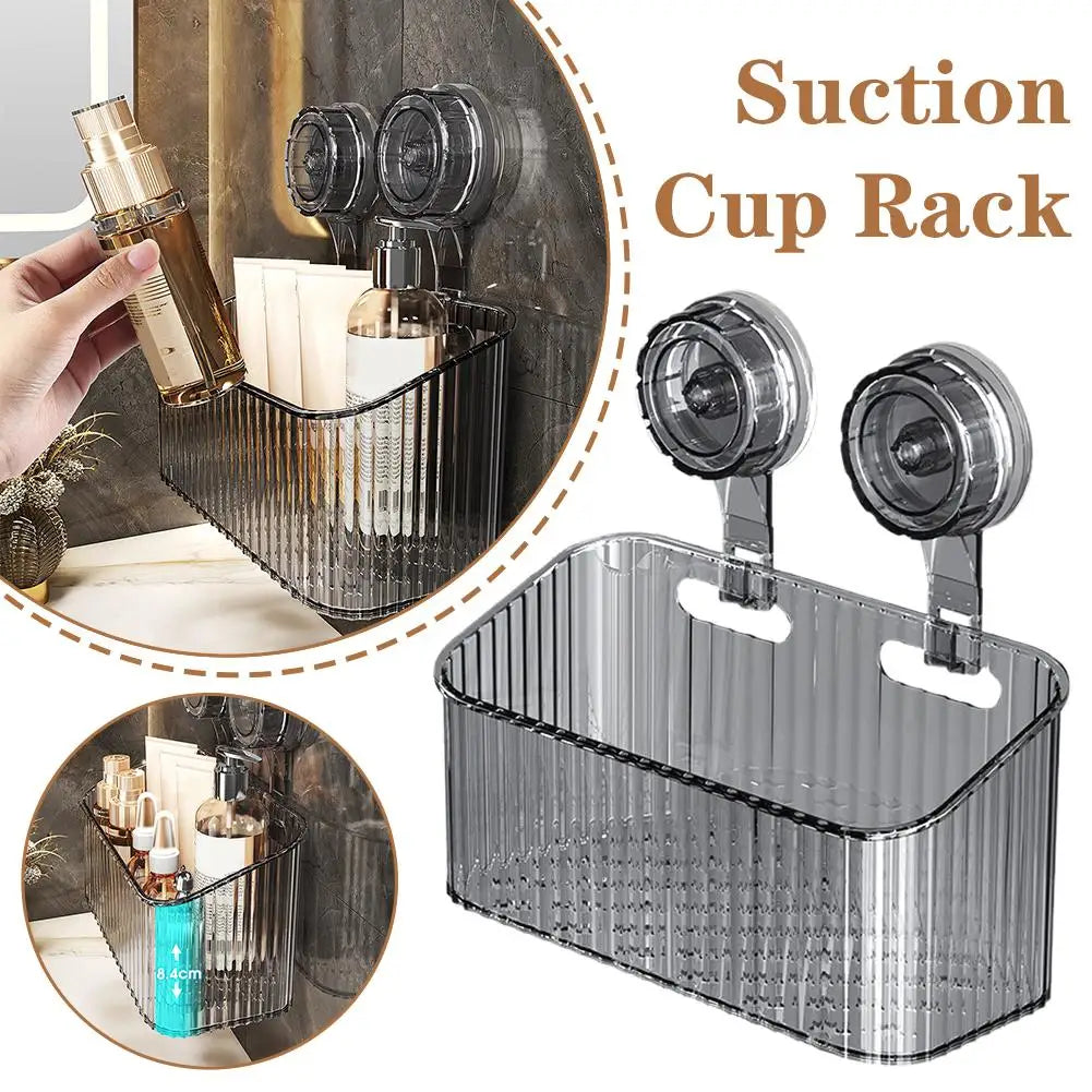No Drill Suction Cup Shower Shelf - Transparent Bathroom Organizer Basket, Quick-Install Storage for Cosmetics & Toiletries