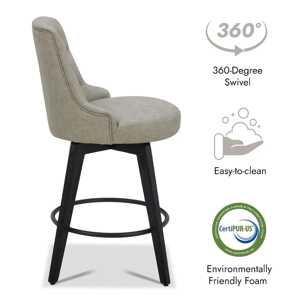 Swivel Counter Height Bar Stools Set of 2, Faux Leather Upholstered Backrest, Solid Wood Legs 26" Seat, Grey, Customized